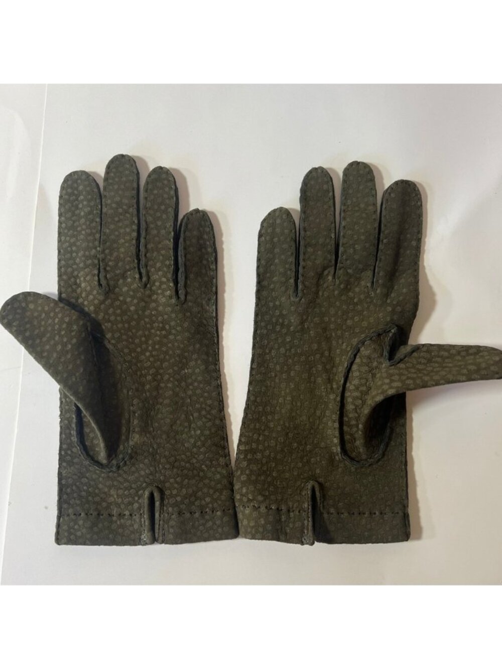 Vintage Olive Green Textured Suede Gloves Three‎ Point Stitching Women Small